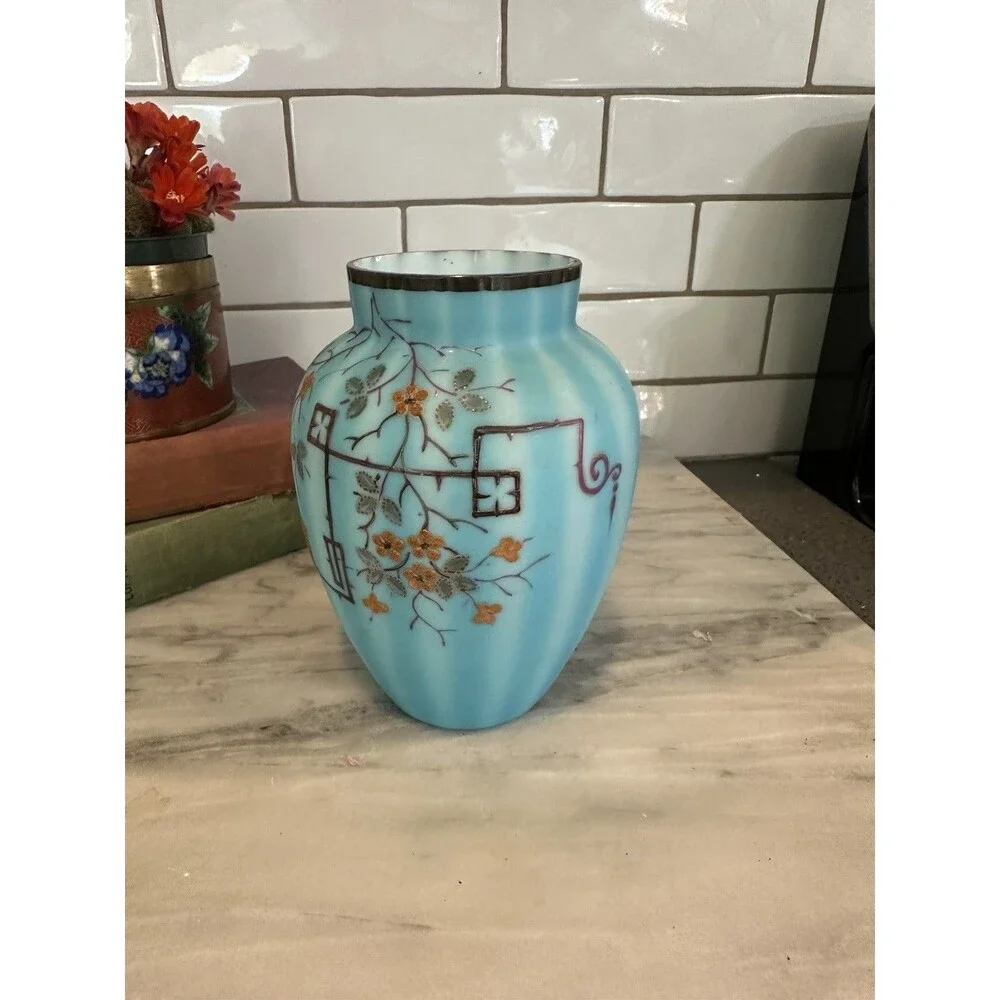 Gorgeous Antique Cased Satin Blue Glass Vase Raised Art Deco Bird Flowers
